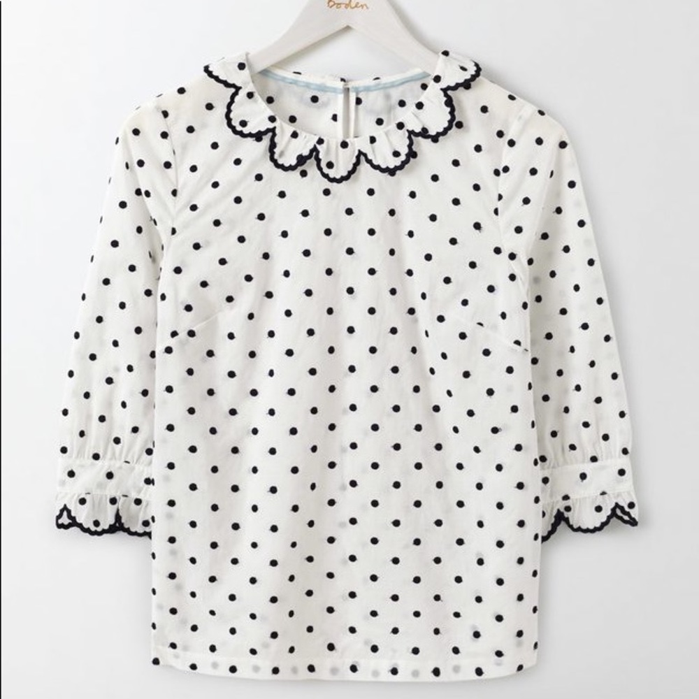 Boden polka dot scalloped blouse navy blue